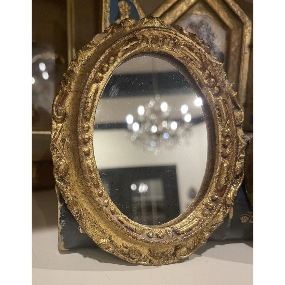 Vtg Florentine Oval Gold Wall Mirror Ornate  Italy Small 3.5x4.5" Gallery Wall